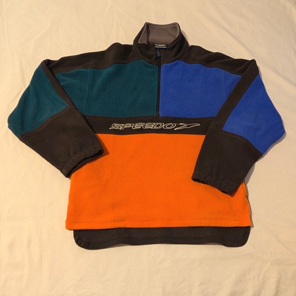 Vintage Speedo Mens Colorblock Fleece Quarter Zip Pullover Orange Blue Small